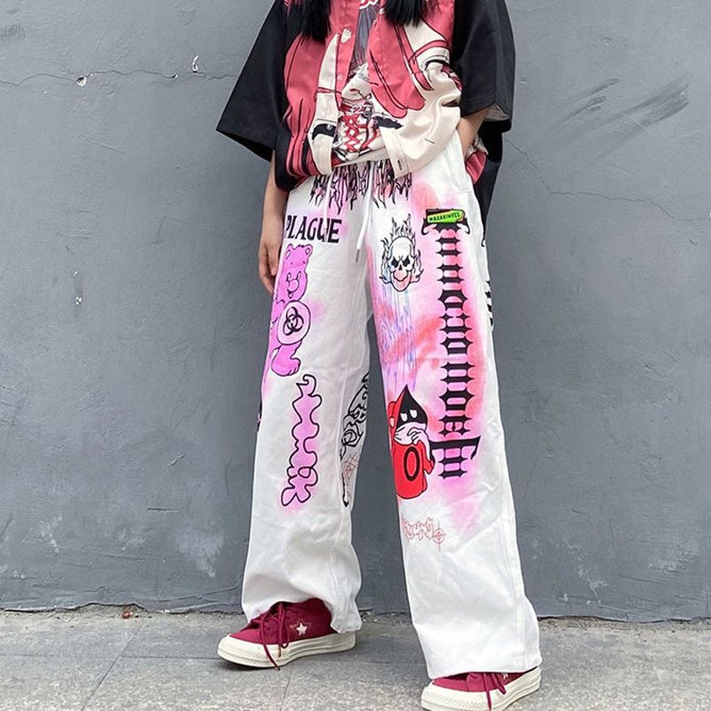 White Anime Y2k Aesthetic Baggy Jeans Women Fairy Grunge Harajuku Explosive
