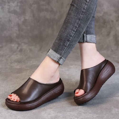 Ladies Newest Flat Fancy Slippers Female Fashion Slope Heel Slippers Casual Slippers Sandals Fish Mouth-Brown