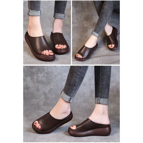Ladies Newest Flat Fancy Slippers Female Fashion Slope Heel Slippers Casual Slippers Sandals Fish Mouth-Brown