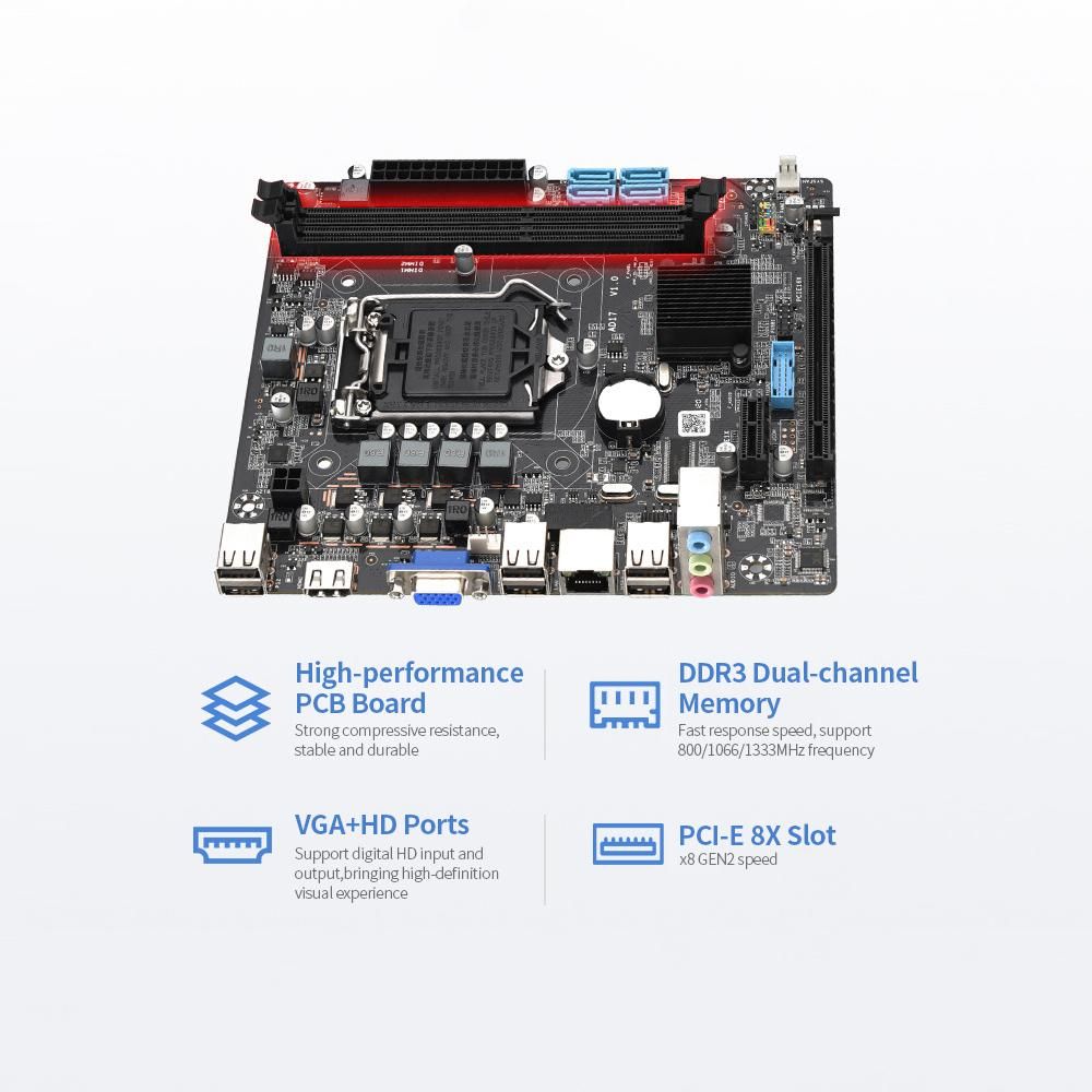 H55M Motherboard with Dual DDR3 Memory Slots PCI-E 8X Graphics Slot VGA+HD Ports Support LGA1156(Core i7/i5/i3) Processor