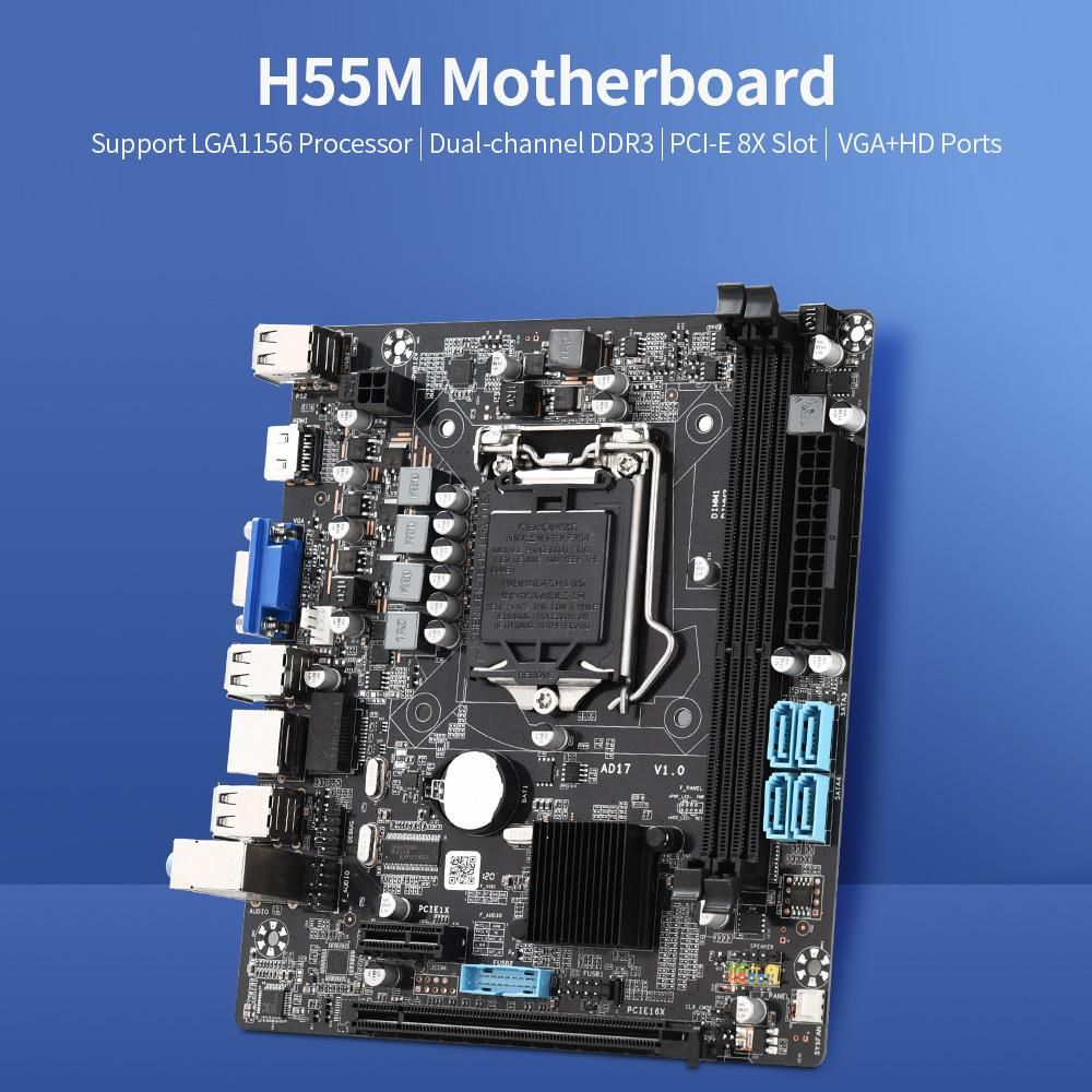 H55M Motherboard with Dual DDR3 Memory Slots PCI-E 8X Graphics Slot VGA+HD Ports Support LGA1156(Core i7/i5/i3) Processor