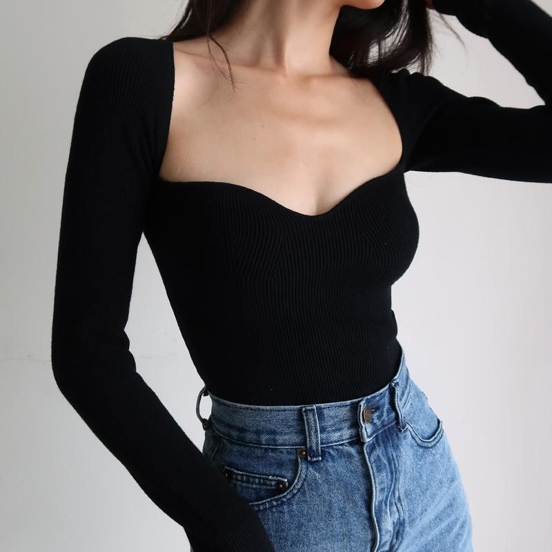 French Open Collar Square Neck Slim Fit Long Sleeve Pullover Knitwear Autumn/Winter Sexy Underlay