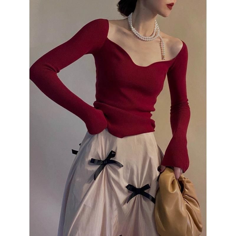 French Open Collar Square Neck Slim Fit Long Sleeve Pullover Knitwear Autumn/Winter Sexy Underlay