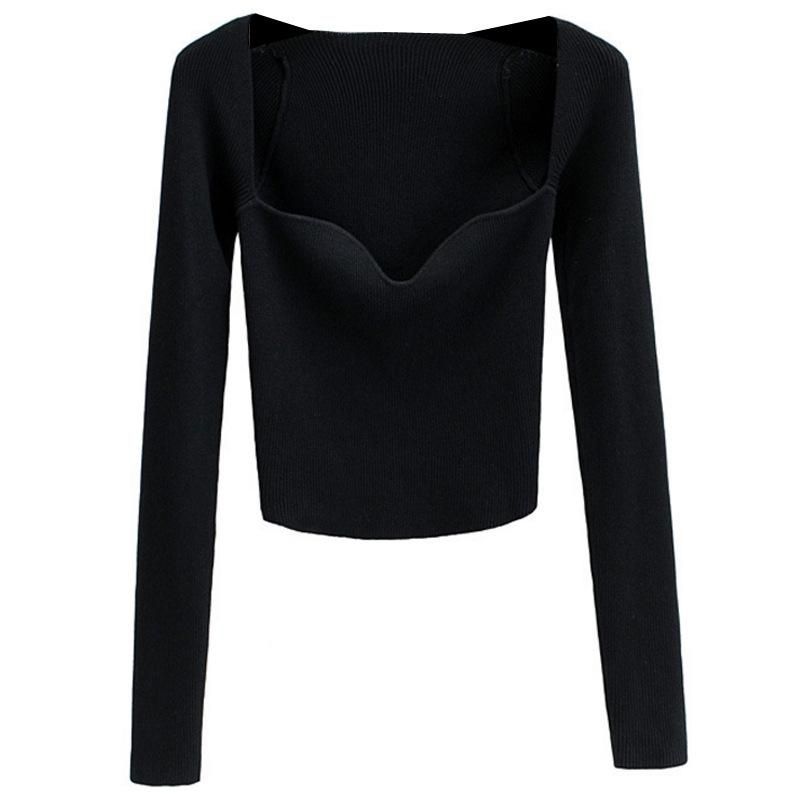 French Open Collar Square Neck Slim Fit Long Sleeve Pullover Knitwear Autumn/Winter Sexy Underlay