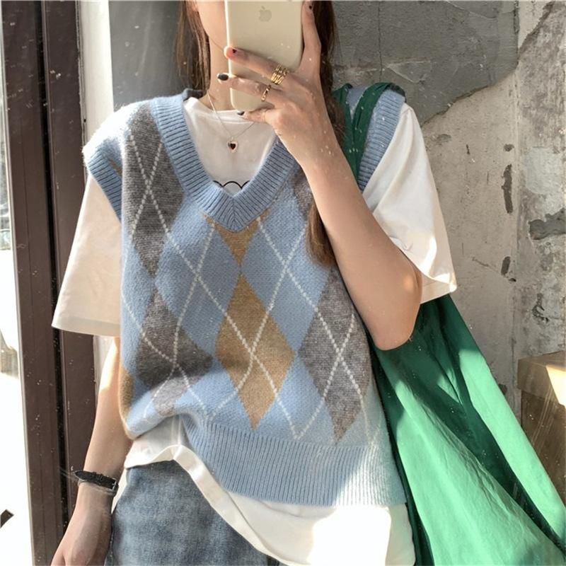 Lingge Knitted Vest Women's 2022 Autumn/Winter New Korean Edition Lazy Sweater Tank Top with V-neck