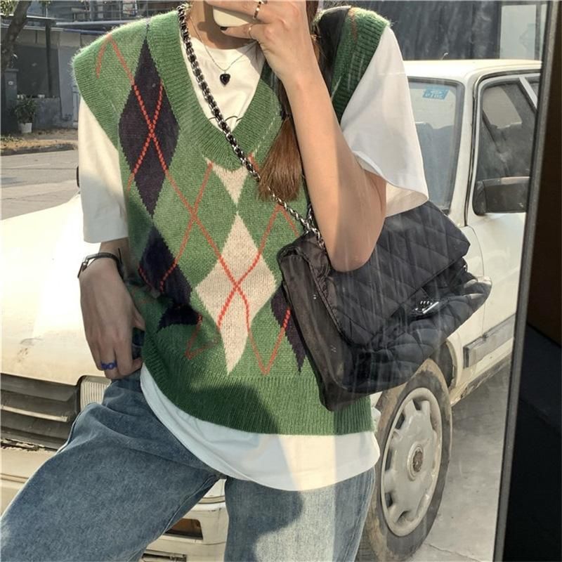 Lingge Knitted Vest Women's 2022 Autumn/Winter New Korean Edition Lazy Sweater Tank Top with V-neck