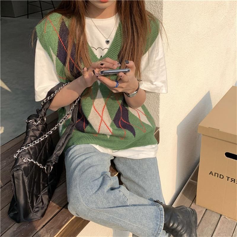 Lingge Knitted Vest Women's 2022 Autumn/Winter New Korean Edition Lazy Sweater Tank Top with V-neck
