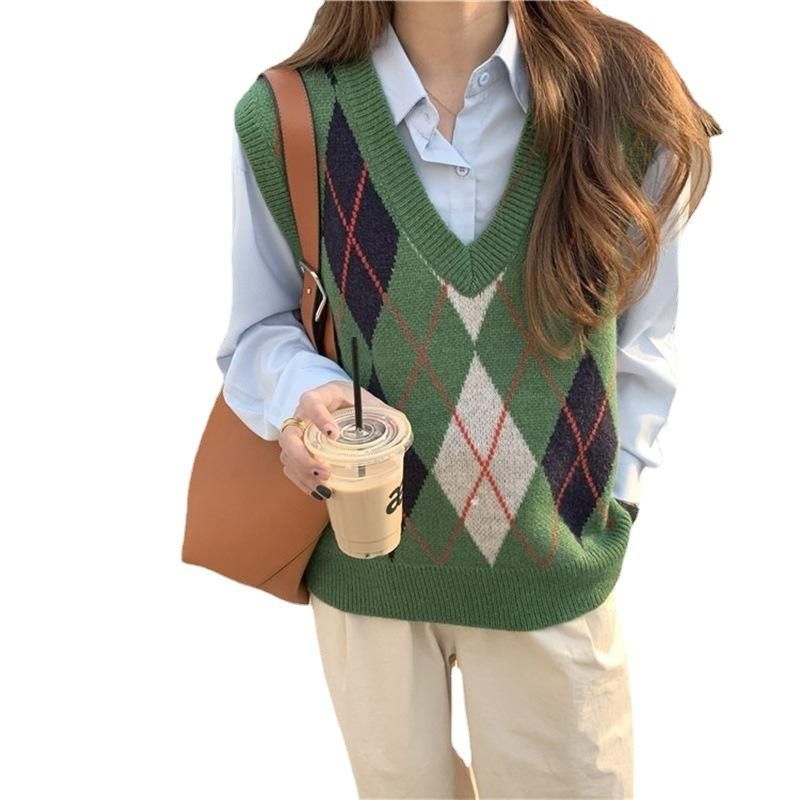 Lingge Knitted Vest Women's 2022 Autumn/Winter New Korean Edition Lazy Sweater Tank Top with V-neck