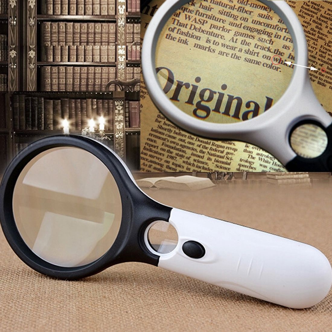 Reading Visual Magnifier With 3 LED Light, Mini Portable 3-45X Handheld (Black)