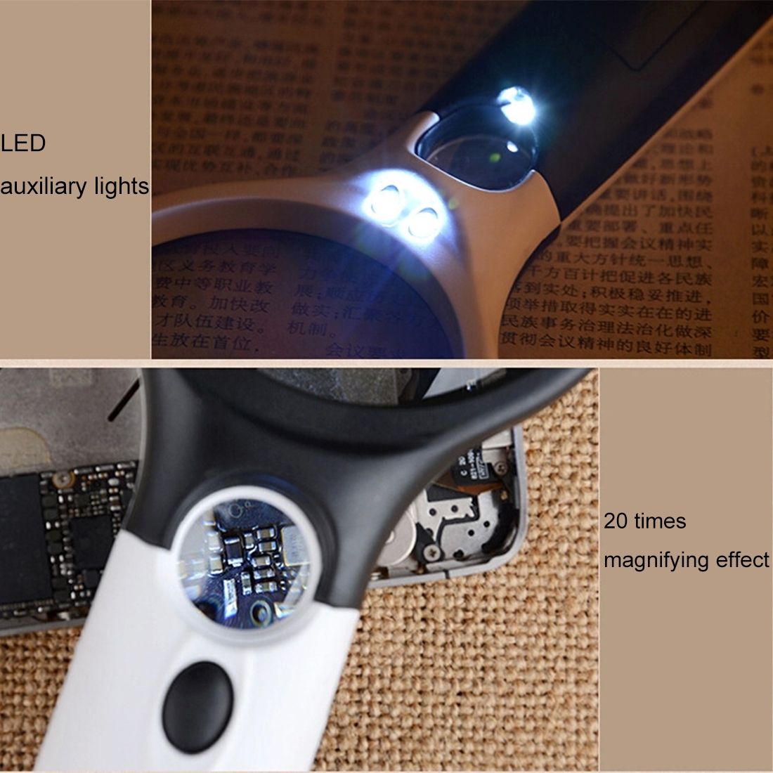 Reading Visual Magnifier With 3 LED Light, Mini Portable 3-45X Handheld (Black)