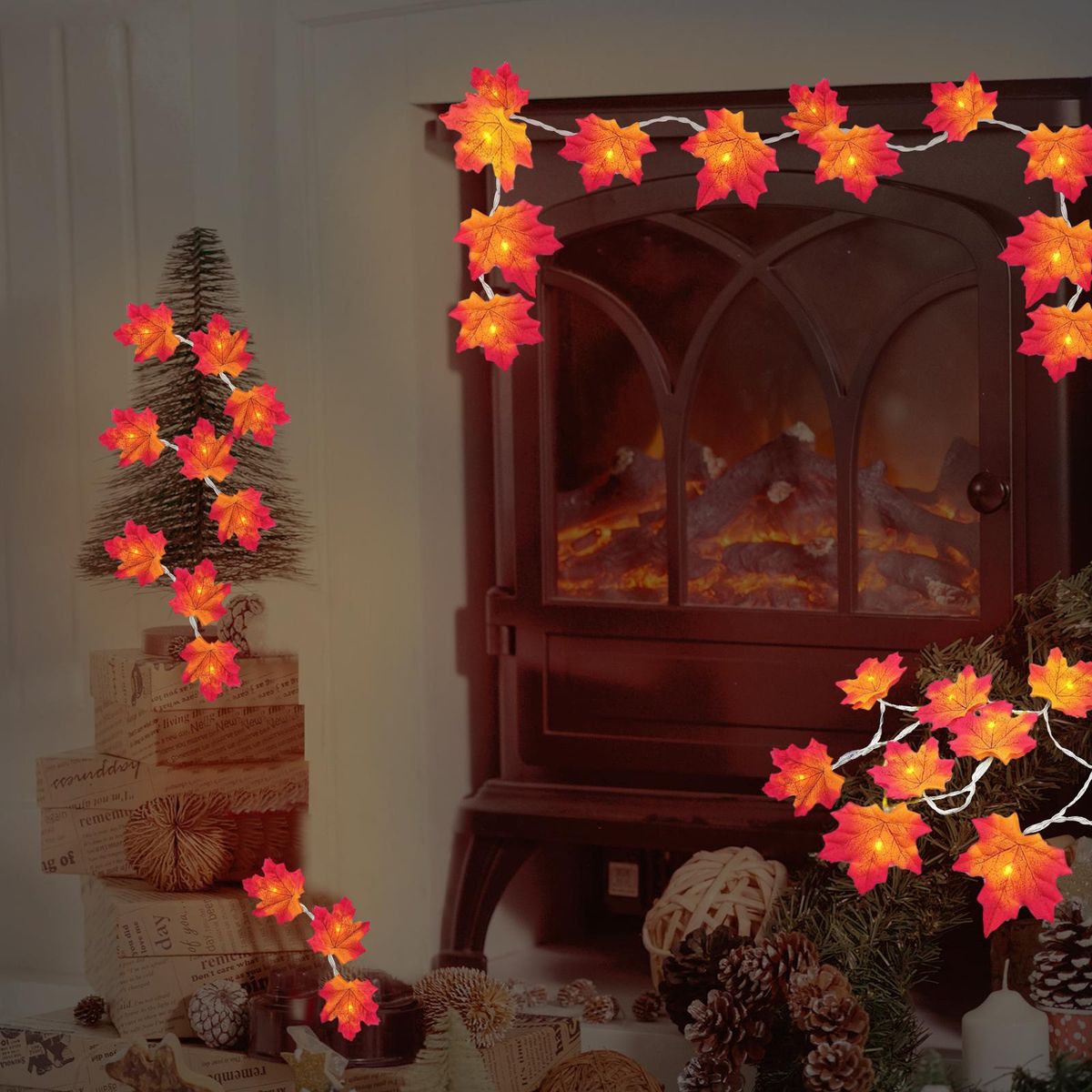 20FT 40LEDs Halloween Fairy String Lights Maple Leaf  Shaped Hanging Lights Warm White Waterproof Battery Operated Decorative Lighting