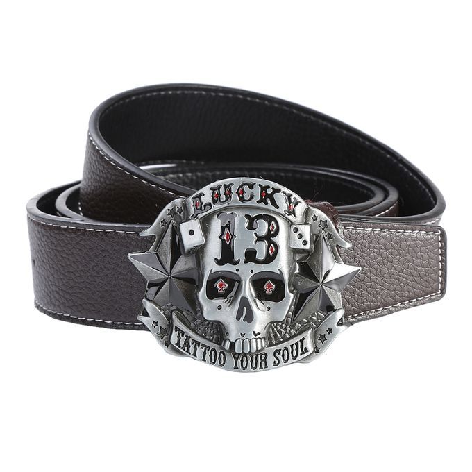 Western Cowboy Style Skull Head Buckle Leather Belt Jeans Dark Coffee