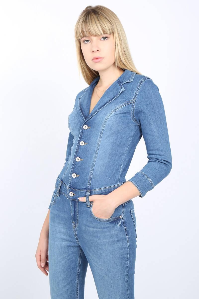 Women's Light Blue Jacket Collar Jean Jumpsuit Pants