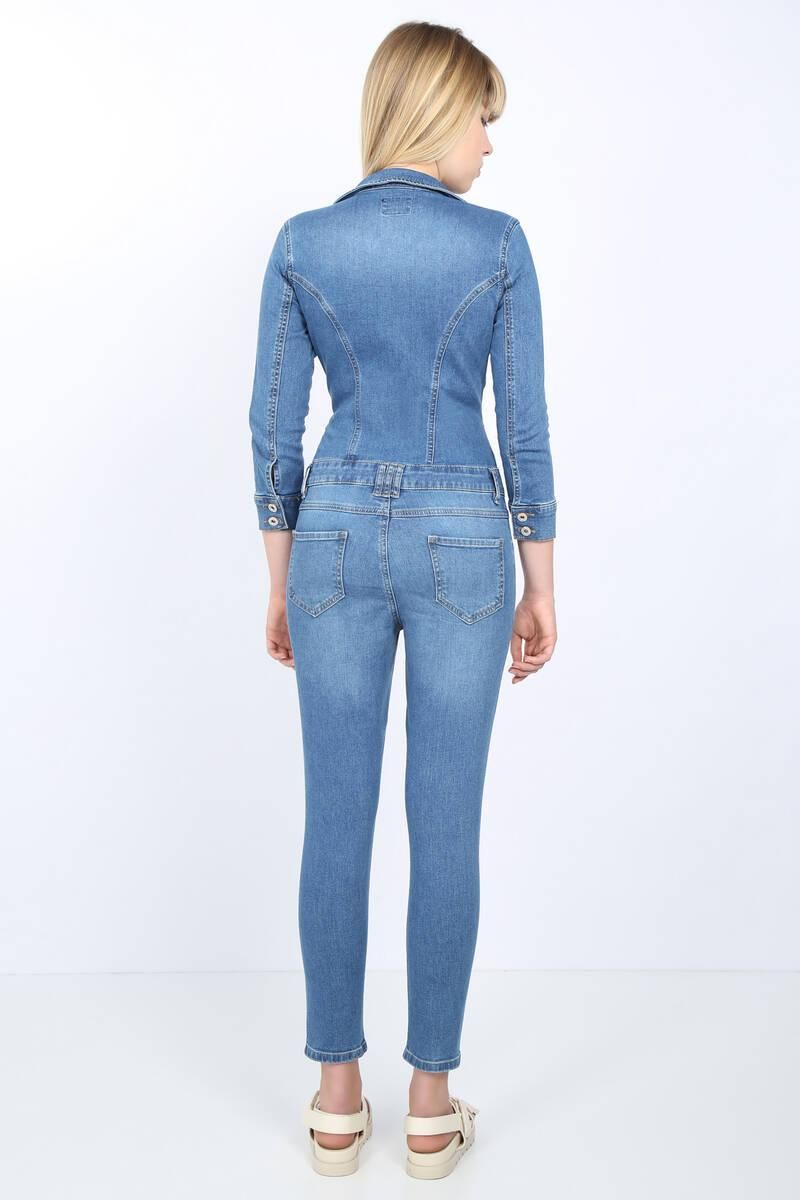 Women's Light Blue Jacket Collar Jean Jumpsuit Pants