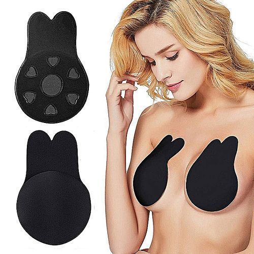 2pcs/pair Women Breathable Strapless Push Up Bra Rabbit Shape Reusable Silicone Invisible Bra Breast Lifting Nipple Cover Stick On Self Adhesive Bra-Black