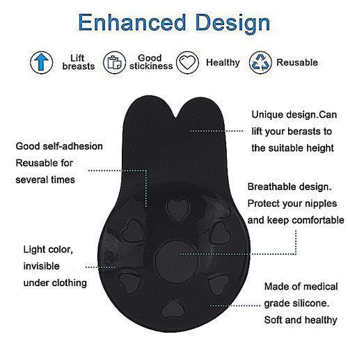 2pcs/pair Women Breathable Strapless Push Up Bra Rabbit Shape Reusable Silicone Invisible Bra Breast Lifting Nipple Cover Stick On Self Adhesive Bra-Black