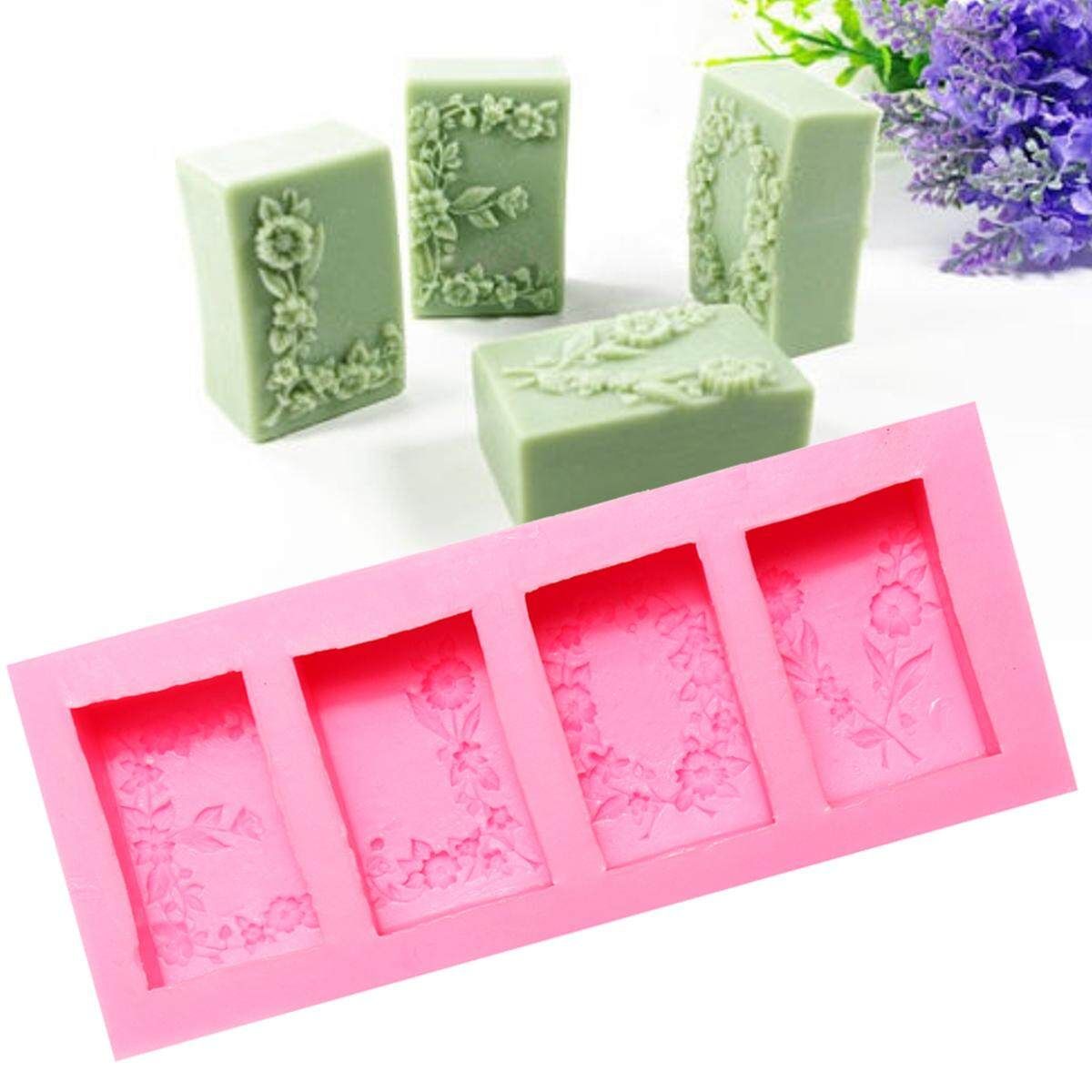 4Pcs DIY Rectangular Flower Flexible Silicone Mold 3D Soap Cake Mould