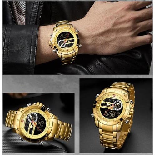 Men's Watch - Gold Quartz Waterproof Dual Display - Analog & Digital