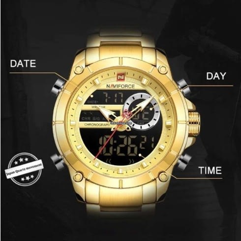 Men's Watch - Gold Quartz Waterproof Dual Display - Analog & Digital