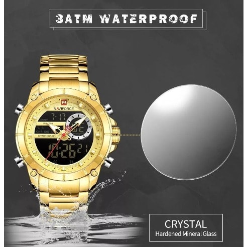 Men's Watch - Gold Quartz Waterproof Dual Display - Analog & Digital