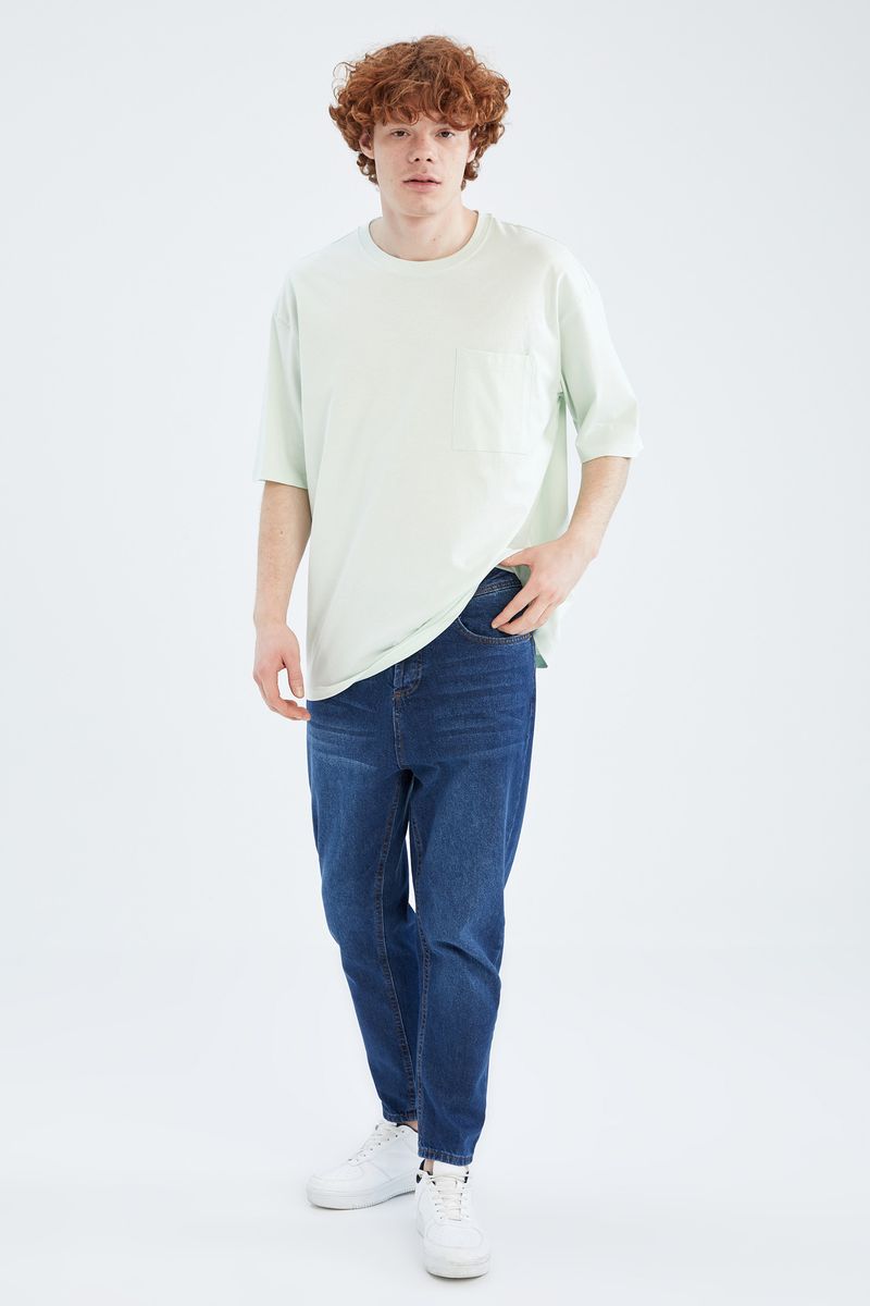 Man - Crew Neck Short Sleeve Oversize Fit Knitted T-Shirt-Turquoise