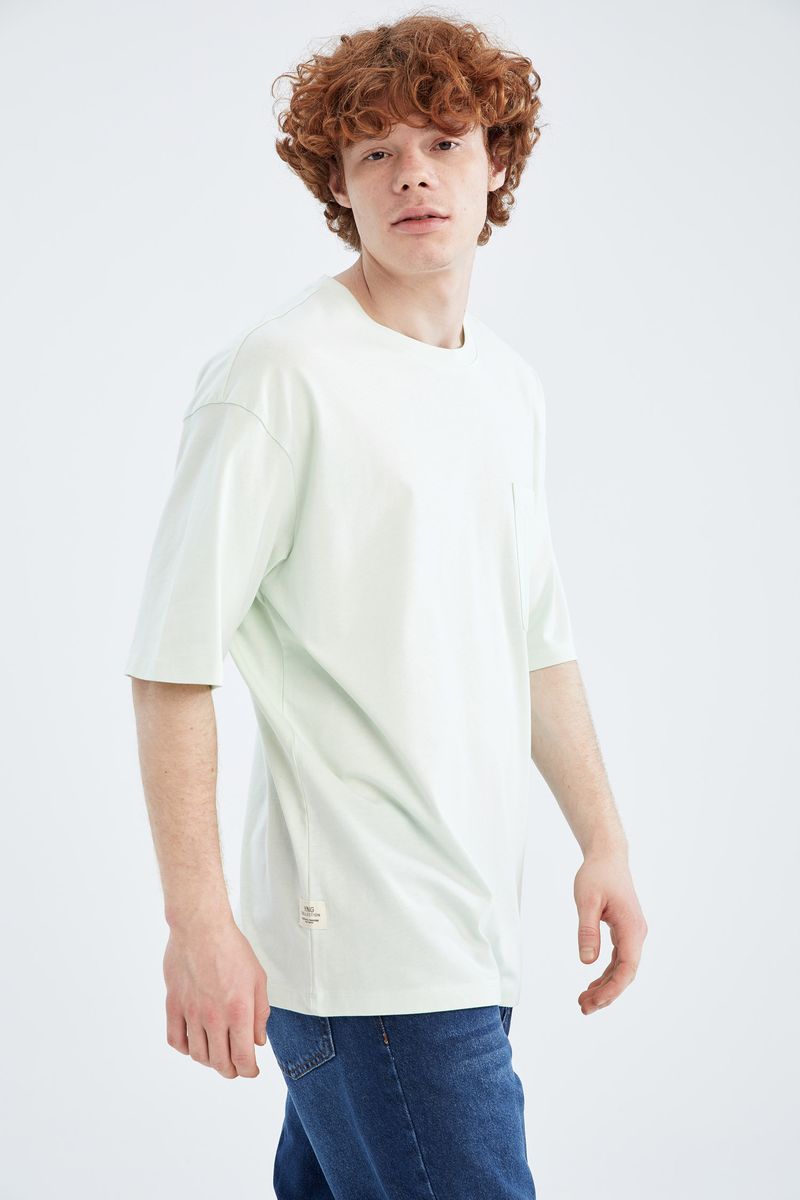 Man - Crew Neck Short Sleeve Oversize Fit Knitted T-Shirt-Turquoise