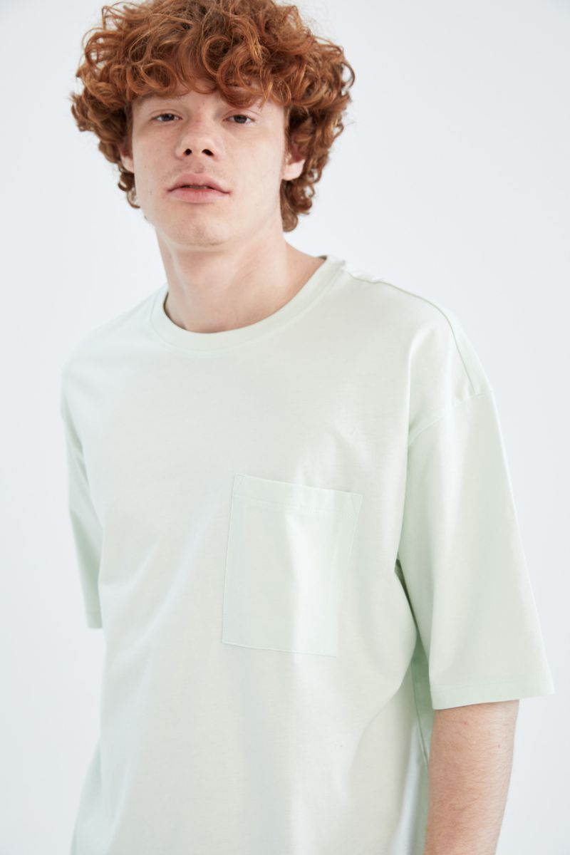 Man - Crew Neck Short Sleeve Oversize Fit Knitted T-Shirt-Turquoise