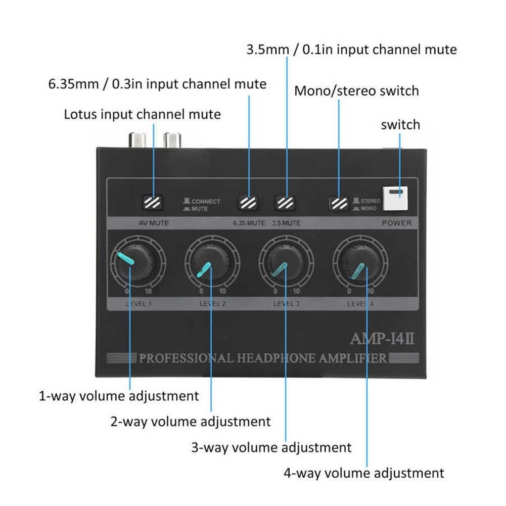 Headphone Amplifier 4-Channel Ferroalloy Mono/Stereo Monitor Set AMP-I4 II Chargeable Headphone Amplifier(US Plug)