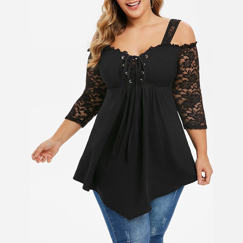Plus Size Lace  Off Shoulder Tops Hollow Out Shirt  Black Tee Shirt-black