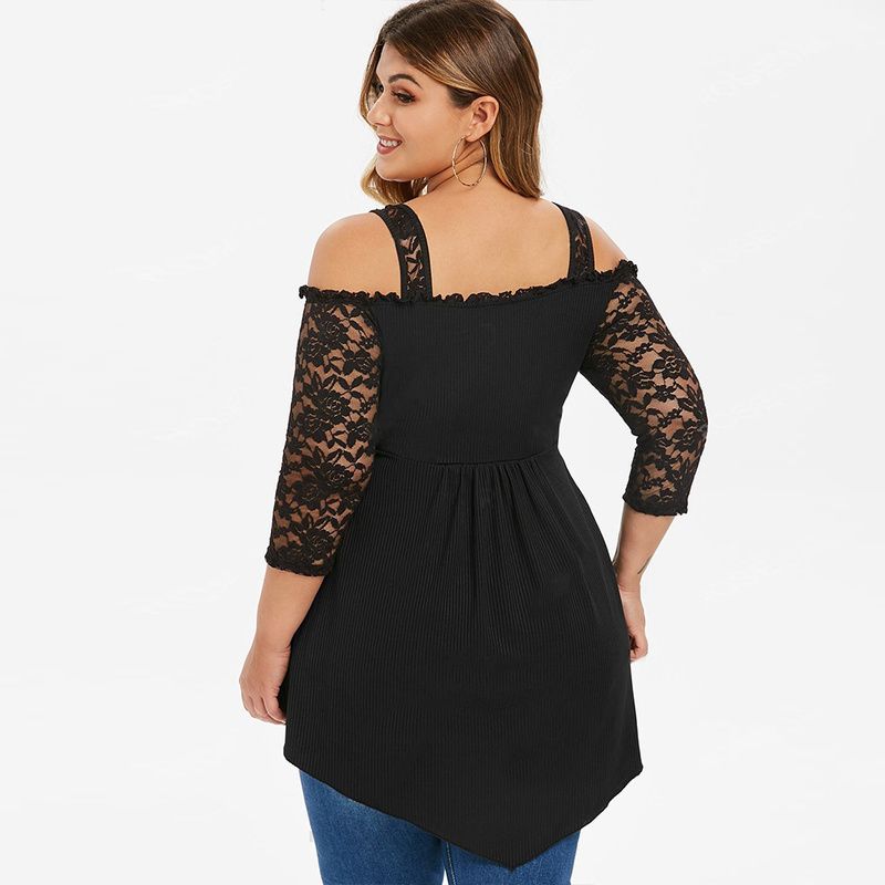 Plus Size Lace  Off Shoulder Tops Hollow Out Shirt  Black Tee Shirt-black