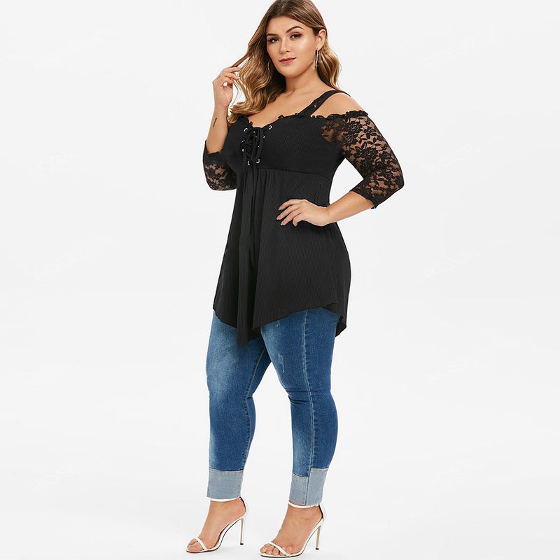 Plus Size Lace  Off Shoulder Tops Hollow Out Shirt  Black Tee Shirt-black