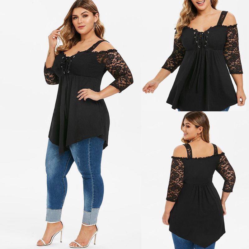 Plus Size Lace  Off Shoulder Tops Hollow Out Shirt  Black Tee Shirt-black