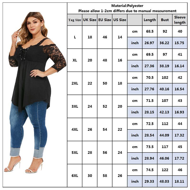 Plus Size Lace  Off Shoulder Tops Hollow Out Shirt  Black Tee Shirt-black