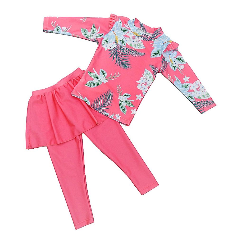 Children Long Sleeve Skirt Swimsuit Kid Cute Flower Print Swimwear Baby Bathing Suit Pink