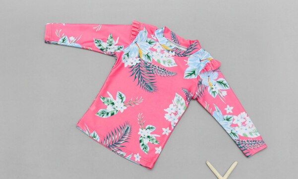 Children Long Sleeve Skirt Swimsuit Kid Cute Flower Print Swimwear Baby Bathing Suit Pink