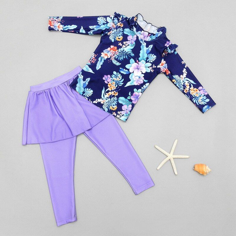 Children Long Sleeve Skirt Swimsuit Kid Cute Flower Print Swimwear Baby Bathing Suit Pink