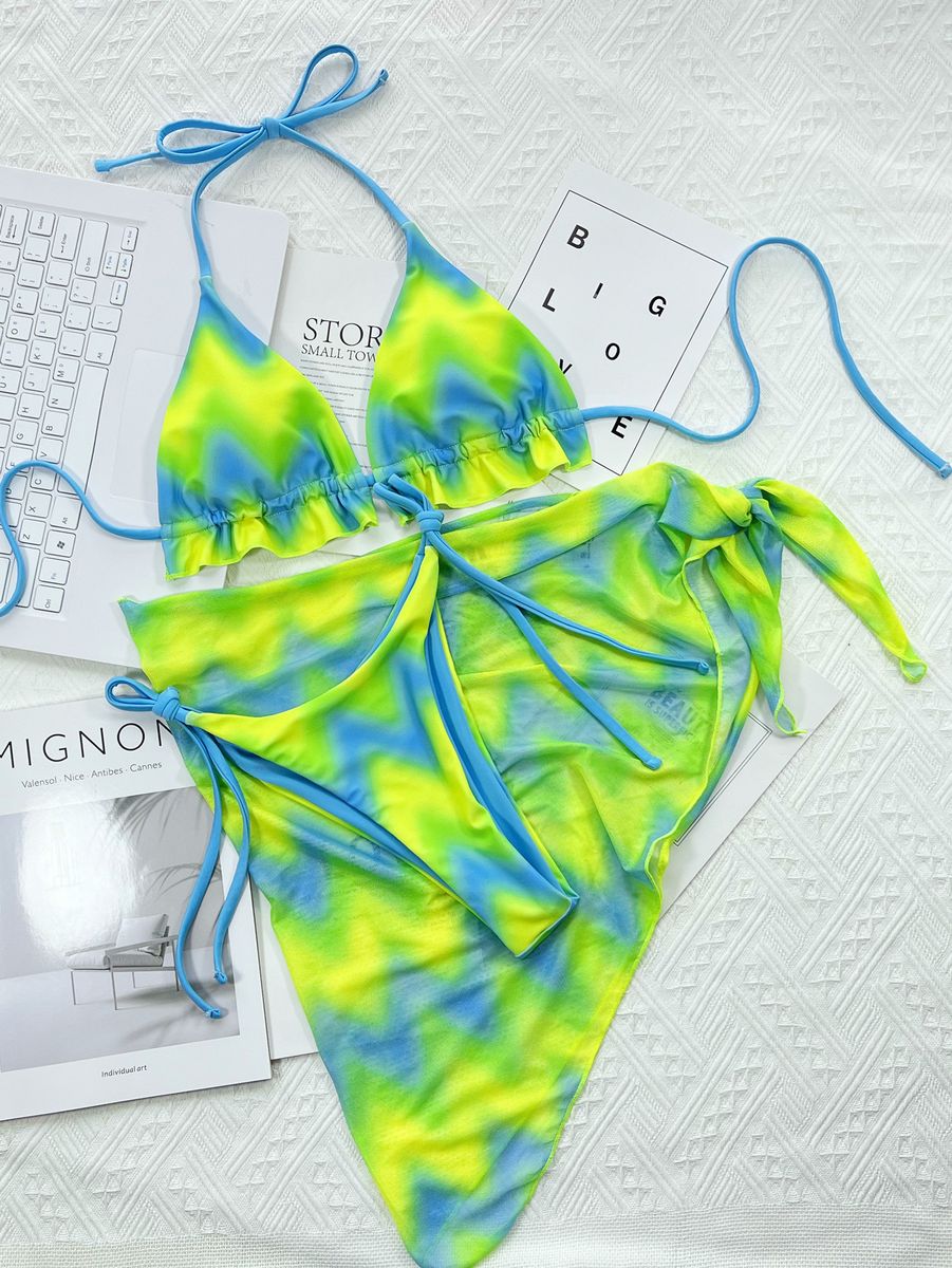 (Color 1)3 Pieces Bikinis Set With Skirt Tie-Dye String  Bathing Suit Women Y