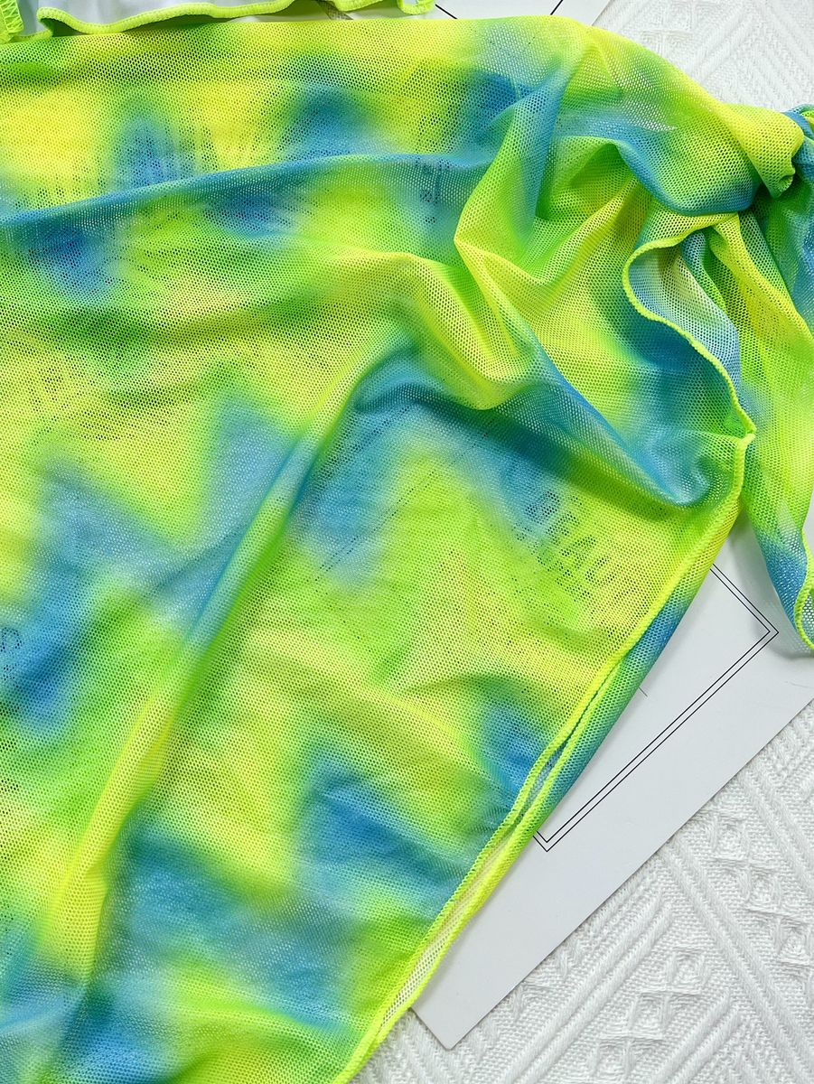 (Color 1)3 Pieces Bikinis Set With Skirt Tie-Dye String  Bathing Suit Women Y