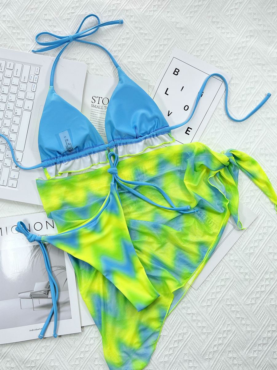 (Color 1)3 Pieces Bikinis Set With Skirt Tie-Dye String  Bathing Suit Women Y