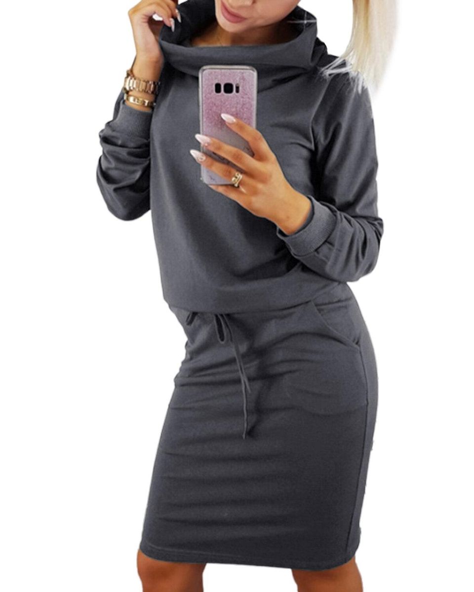 Long Sleeve Turtleneck Solid Sweatshirt Solid Color Bodycon Midi Dress