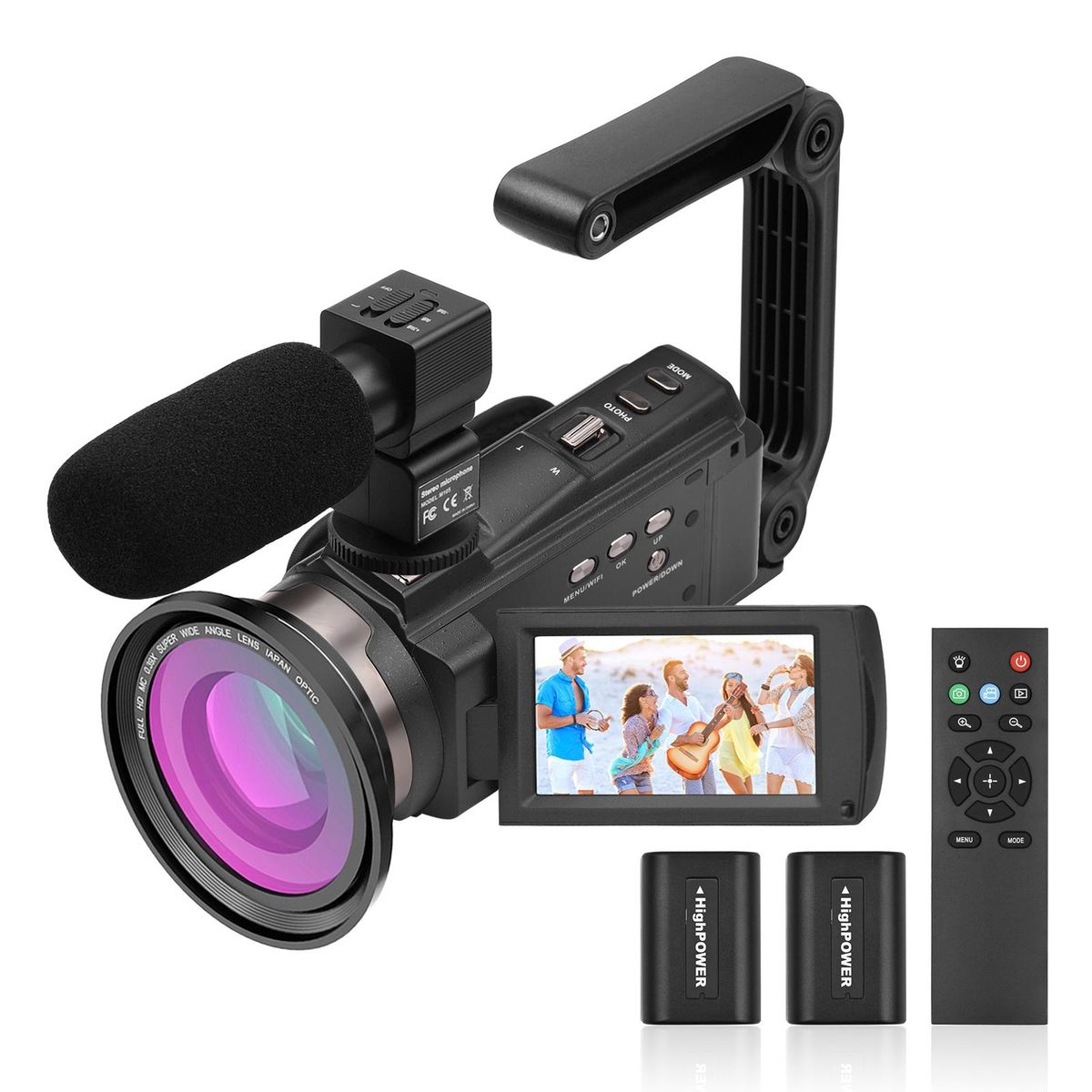 Andoer 4K/60FPS 48MP WiFi Digital Video Camera Set 1 Camcorder Recorder + 1 Microphone + 1 Remote Control + 2 Batteries + 1 Camera Lens + 1 Handle Grip with 16X Zoom 3 Inch Touchscreen IR Infrared Night Sight Cold Shoe Mount