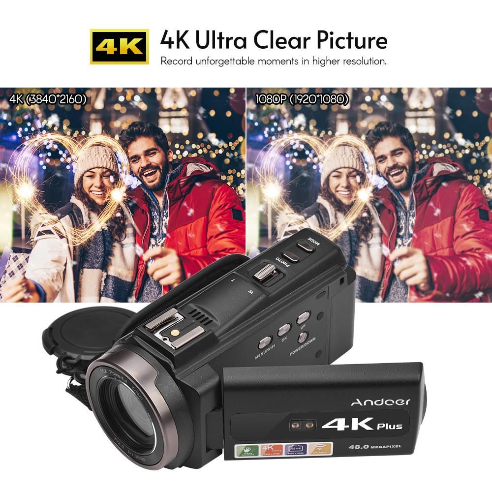Andoer 4K/60FPS 48MP WiFi Digital Video Camera Set 1 Camcorder Recorder + 1 Microphone + 1 Remote Control + 2 Batteries + 1 Camera Lens + 1 Handle Grip with 16X Zoom 3 Inch Touchscreen IR Infrared Night Sight Cold Shoe Mount