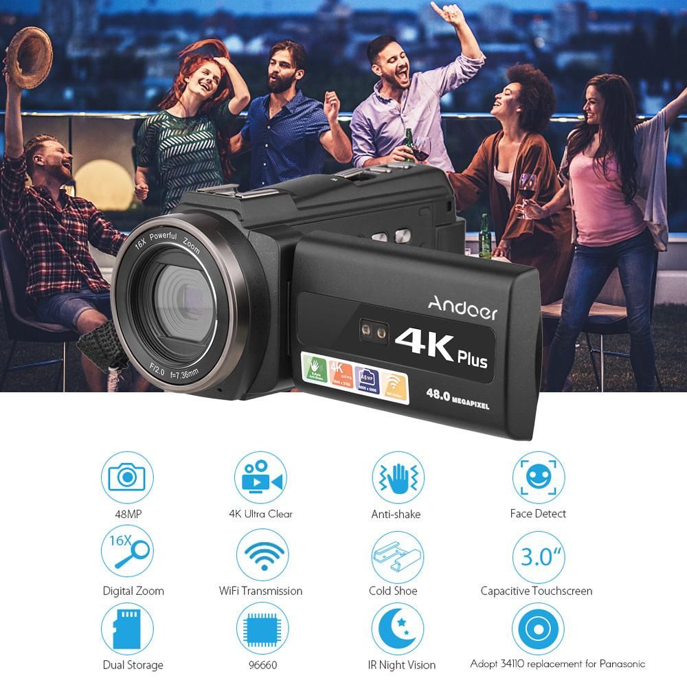 Andoer 4K/60FPS 48MP WiFi Digital Video Camera Set 1 Camcorder Recorder + 1 Microphone + 1 Remote Control + 2 Batteries + 1 Camera Lens + 1 Handle Grip with 16X Zoom 3 Inch Touchscreen IR Infrared Night Sight Cold Shoe Mount