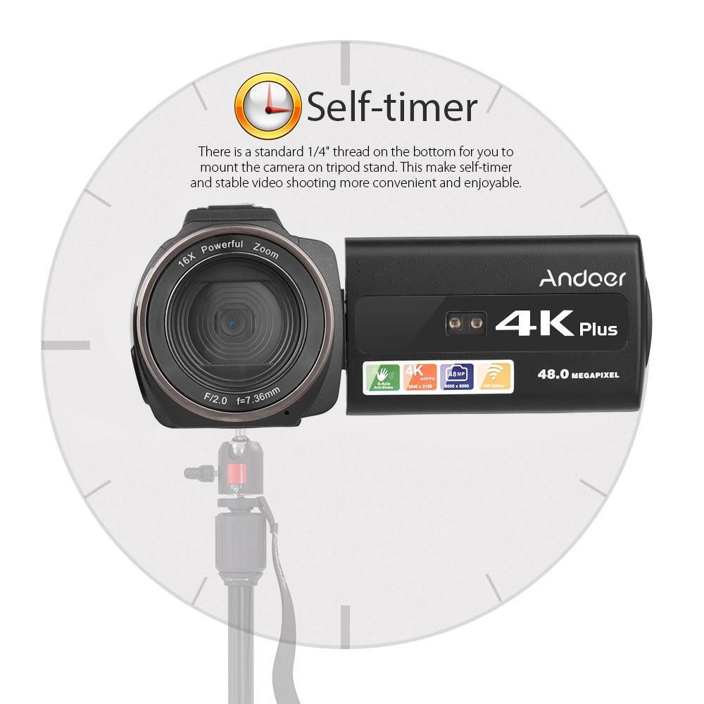 Andoer 4K/60FPS 48MP WiFi Digital Video Camera Set 1 Camcorder Recorder + 1 Microphone + 1 Remote Control + 2 Batteries + 1 Camera Lens + 1 Handle Grip with 16X Zoom 3 Inch Touchscreen IR Infrared Night Sight Cold Shoe Mount