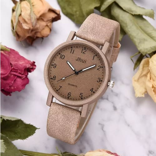 Women's Round Quartz Leather Watch - Khaki