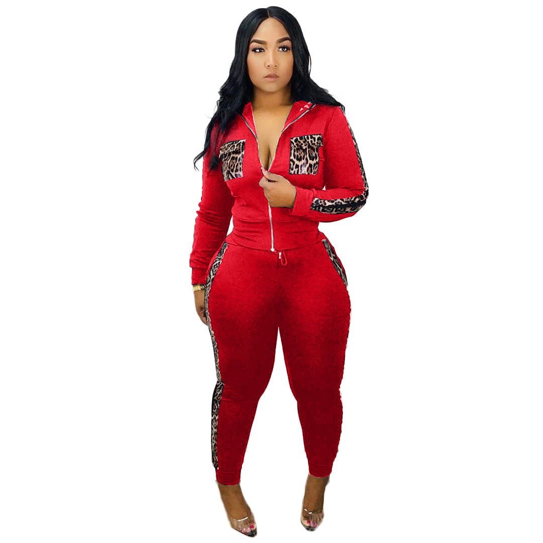 (Red)Spring Autumn Two Piece Set Women Tracksuit Zipper Hoodies Tops And Camouflag Pants Set Fashion Patchwork Two Piece Outfits GRE