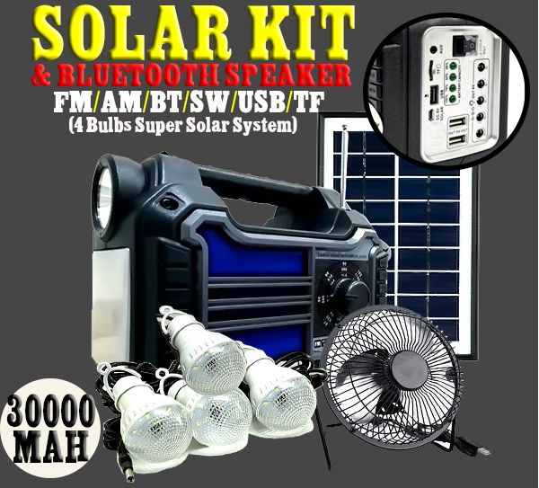 STRONG SOLAR ENERGY KIT/BLUETOOHT PORTABLE SPEAKER WITH 4 BULBS AND FREE USB FAN (30,000 MAH)