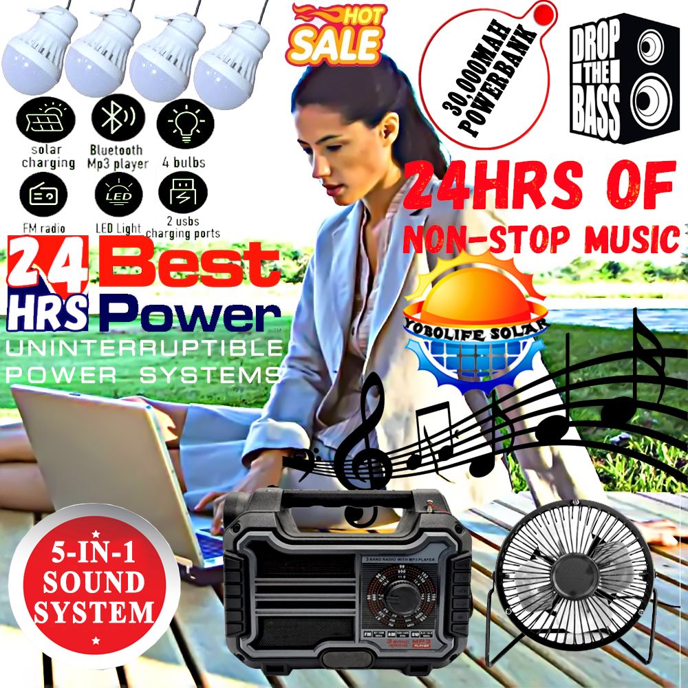 24hours Solar Portable Music Woofer, Solar Kit With 4 Bulbs,Solar Panel(BT,FM,TF & MP3) For Home & Office