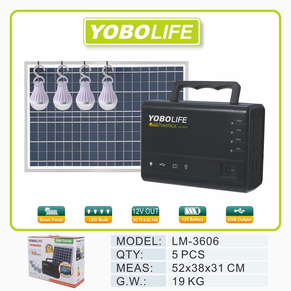 MINI DC Solar Power Box, 4 Bulbs, Solar Panels(Plus Free Usb Fan) For Home & Office