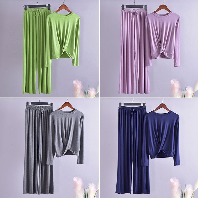 2019 New WOMEN SUITS Female Modal Round Neck Long-sleeved Two-piece SET Wide Leg Pants Casual Suit Yogaclothing 2 Pieces Set（#pink Purple）